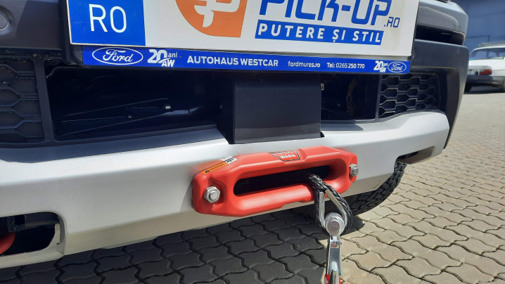 Winch, winch plate, skid plate, spot lights installed on Ford Ranger Raptor 2023